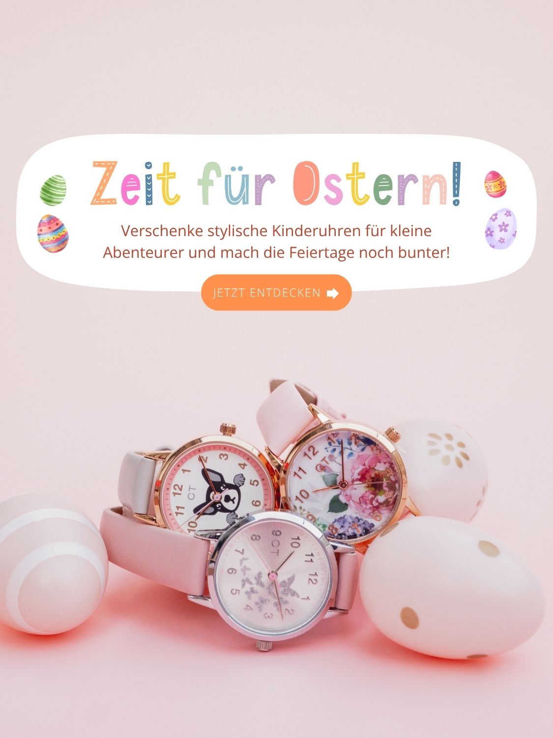 Osteraktion Kinderuhren – bunte Armbanduhren für Kinder als perfektes Geschenk zu Ostern mit verspielten Designs.