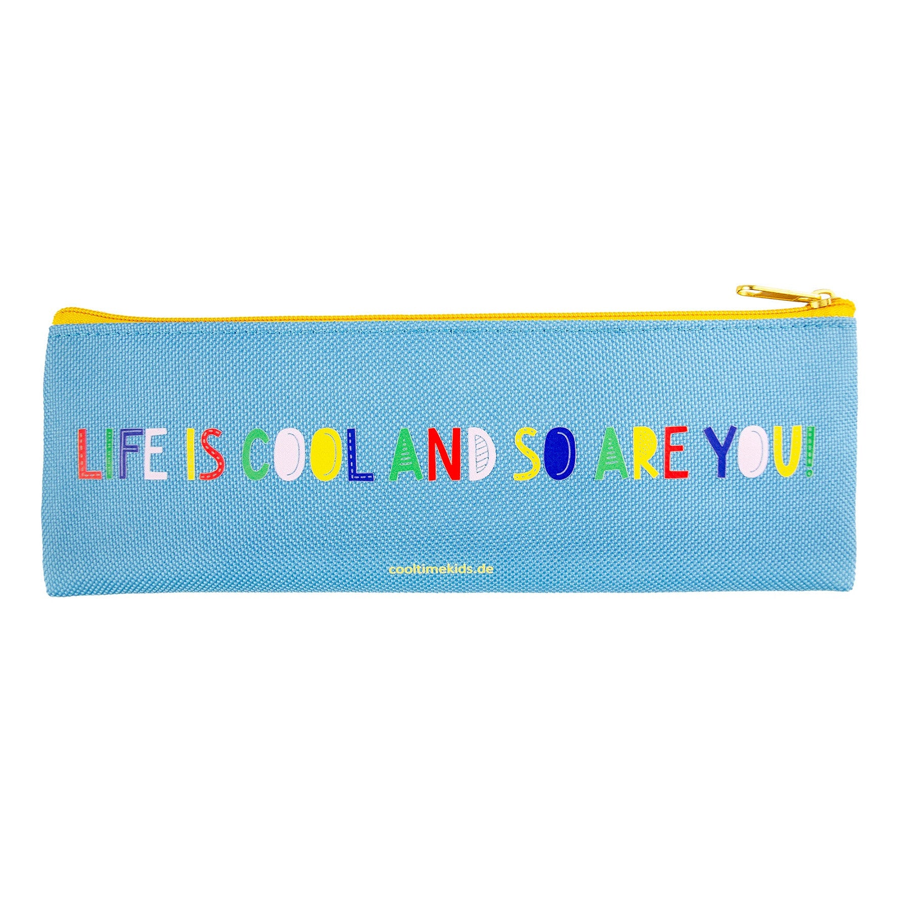 Blaues Cool Time Kids Mäppchen mit farbenfrohem Schriftzug „Life is cool and so are you“.